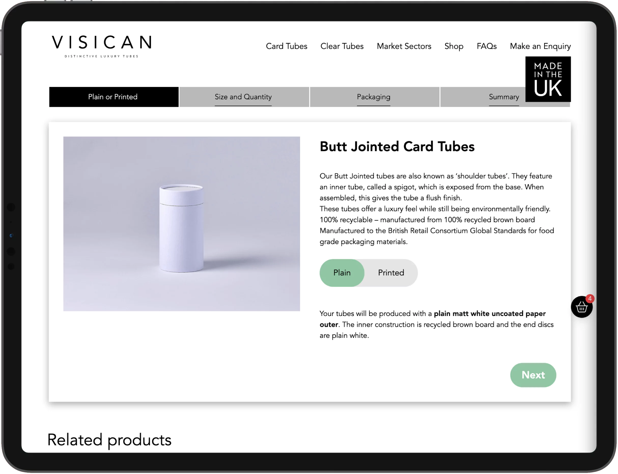 A screenshot of Visican's online shop first step.